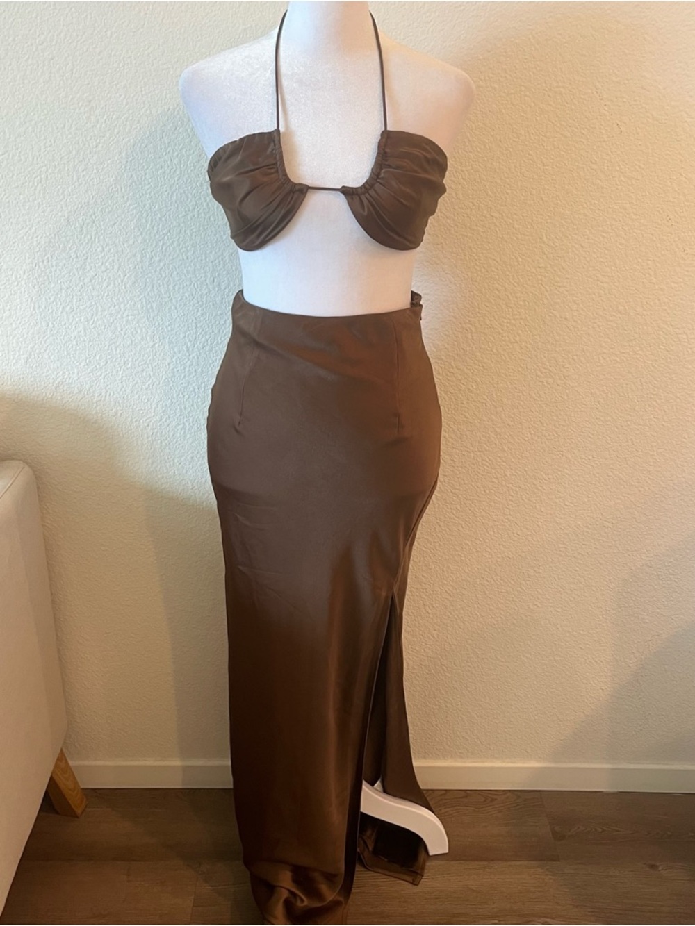 Meshki brown satin halter neck top and skirt set